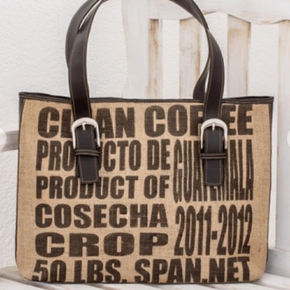 Novica Recycled Jute & Leather Shoulder Bag "Clean Coffee" Tote Bag. EUC!